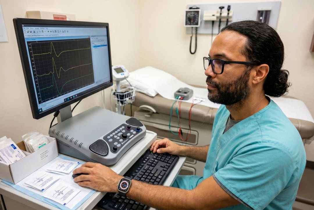 NCV technician in teal scrubs seated at a clinical workstation, hands on the keyboard, watching a nerve-conduction waveform on the monitor. An EMG/NCV control unit sits on the desk; an examination table and wall-mounted diagnostic instruments are visible behind.